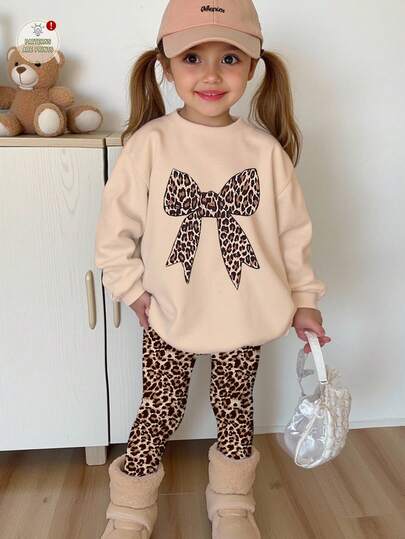 SHEIN 2 sztuki/zestaw dziewczęcy, swobodny, vintage'owy sweter z nadrukiem w panterkę, kokardą, okrągłym dekoltem i długim rękawem, z legginsami, odpowiedni na jesień/zimę, odzież uliczną, punk, vintage, powrót do szkoły, gotycki, jesień, zimę