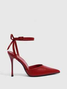 CUCCOO SZL Tacones de aguja con correa de tobillo de punta fina para mujer, adecuados para ir al trabajo, citas, fiestas, bodas y otras ocasiones - Rojo - Ver 5