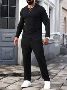 Manfinity Homme Men's Snake Skin Striped Comfortable Fabric Long Sleeve T-Shirt And Drawstring Pants Set, Casual For Vacation, Home, Dining, Party, Versatile, Best Gift For Boyfriend Or Husband, Fall Clothes