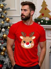 Manfinity RelaxMax 男士可爱小鹿图案T恤，适合家庭聚会、情侣约会、送给男友/老公的礼物、圣诞节 - 紅色 - 查看 4
