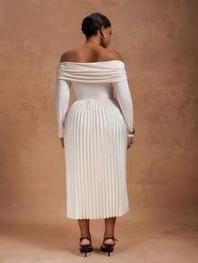 EMERY ROSE Plus Size Women's Knit & Woven Patchwork Casual Pleated Long Sleeve Off-Shoulder Apricot Dress, Autumn/Winter - Apricot - View 2