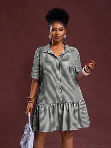 Slaydiva 大码休闲宽松前开襟荷叶边短袖连衣裙 - 黑與白 - 查看 8