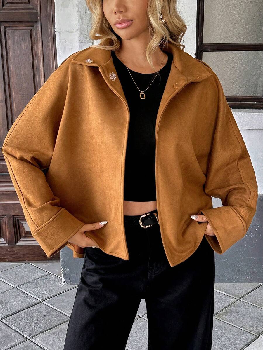 Chiquease Chaqueta elegante de mujer de manga larga y cuello francés, adecuada para primavera, otoño e invierno, blusa de mujer de moda apropiada para ropa de estilo campestre, chaqueta casual - Marrón - Ver 1