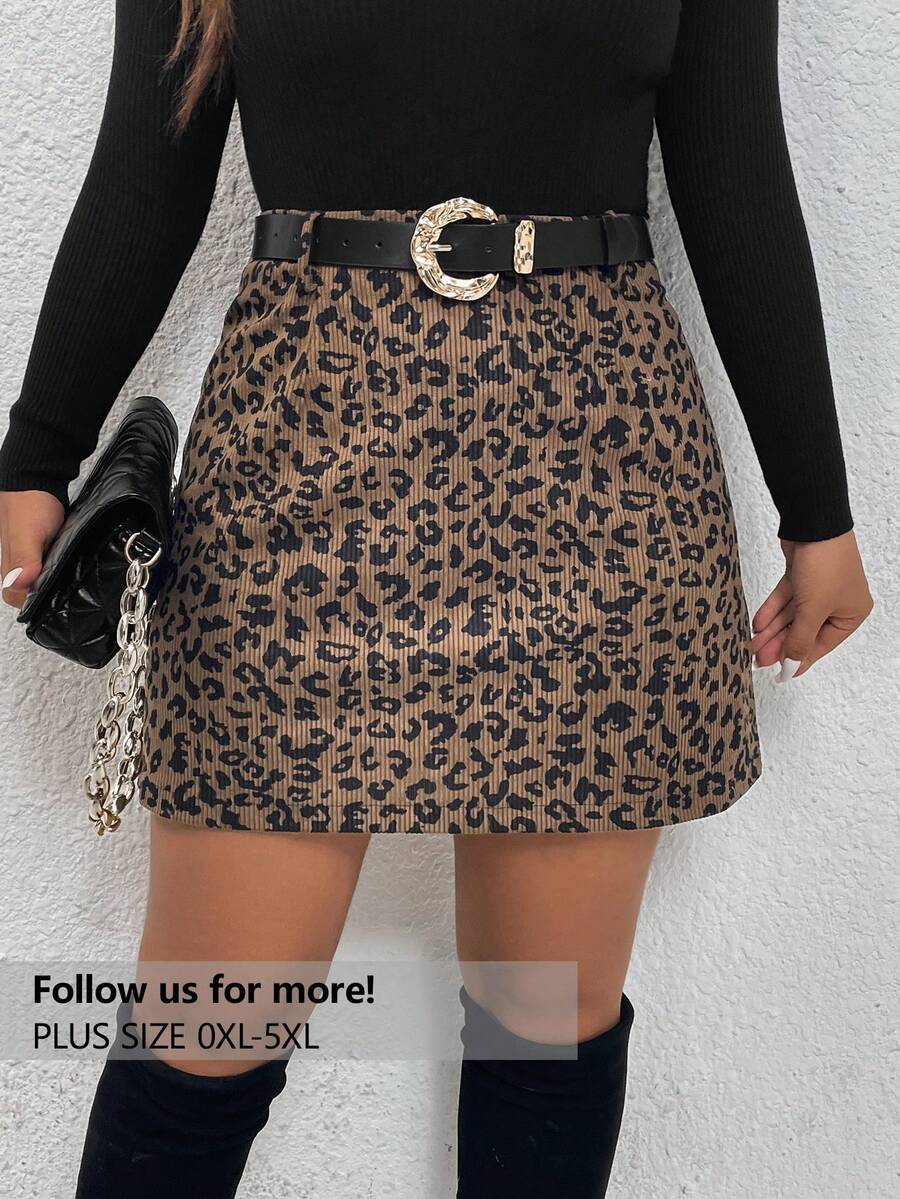 Firerie Plus Size Comfortable Casual Leopard Print Corduroy H-Line Fitted Medium Thick Women's Mini Skirt Spring