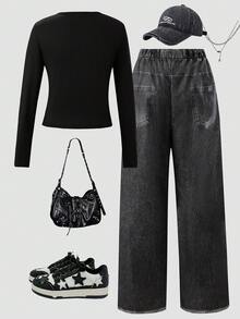 Sparklyn 少女休闲基本款街头酷女孩星星印花短款长袖T恤 + 牛仔布图案宽松裤两件套