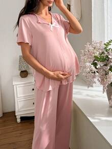 Moonlight&Mama Romantic Solid Color Comfortable Milk Silk Bow Maternity Pajama Set - Dusty Pink - View 5