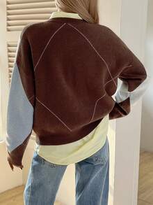 DAZY Plaid Loose Fit Long Sleeve Crew Neck Sweater For Women - Brown - View 2