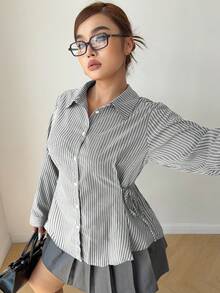 POPSWAY 美人鱼风格条纹腰部系带编织长袖休闲衬衫，宽松版型，适合学生、工作、校园，基本加大码 - 彩色 - 查看 7