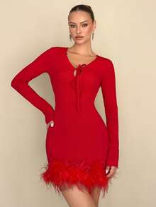 Rafferiza Women's Solid Color Tie Collar Long Sleeve Fuzzy Hem Fitted Short Dress - Red - View 4