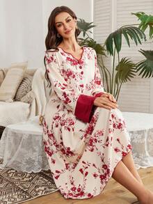 Serenescape Damen Urlaubs-Lässig Farbblock Blume Muster Langarm Nachthemd mit Rüschensaum und Bommel Dekor, geeignet für Frühlings-/Herbstferien