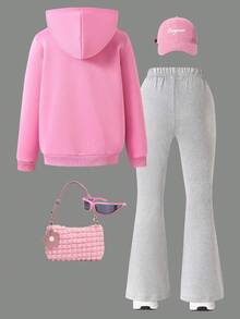Conjunto informal de 2 piezas de niña preadolescente con sudadera con capucha de manga larga con decoración floral y pantalones acampanados, para otoño/invierno - Rosa - Ver 2
