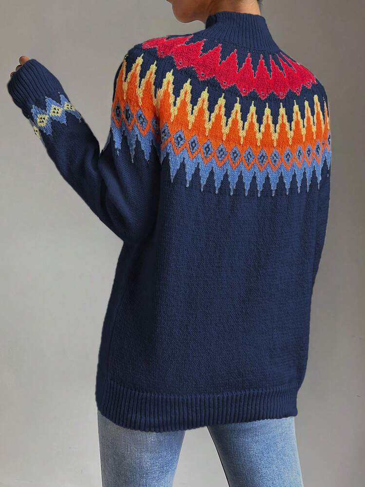 Geo Pattern Raglan Sleeve Sweater,Long Sleeve Tops Knit Pullover Fall Winter Sweater