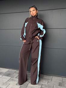 Jeta Ari 抽绳腰部尼龙撞色拼接阔腿运动裤仅限春季机场休闲书店圣诞节秋季秋冬 - 棕色 - 查看 6