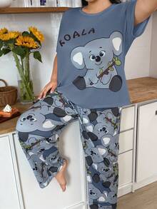 SHEIN Große Größen Grau Milchseide Strick Koala Muster Kurzarm Pyjama Set