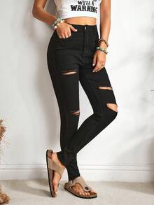 EMERY ROSE Jeans pitillo negros con bolsillos sesgados y rotos - Negro - Ver 6