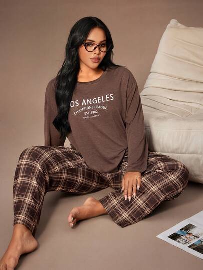 Lazeform 大码休闲字母印花长袖上衣和格子裤睡衣套装，圣诞节、秋季和冬季服装