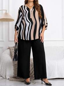 EMERY ROSE Bộ 2 món áo sơ mi sọc sóng thường ngày cỡ lớn kèm quần có túi dành cho nữ, mùa thu/đông - Nhiều màu - Xem 3