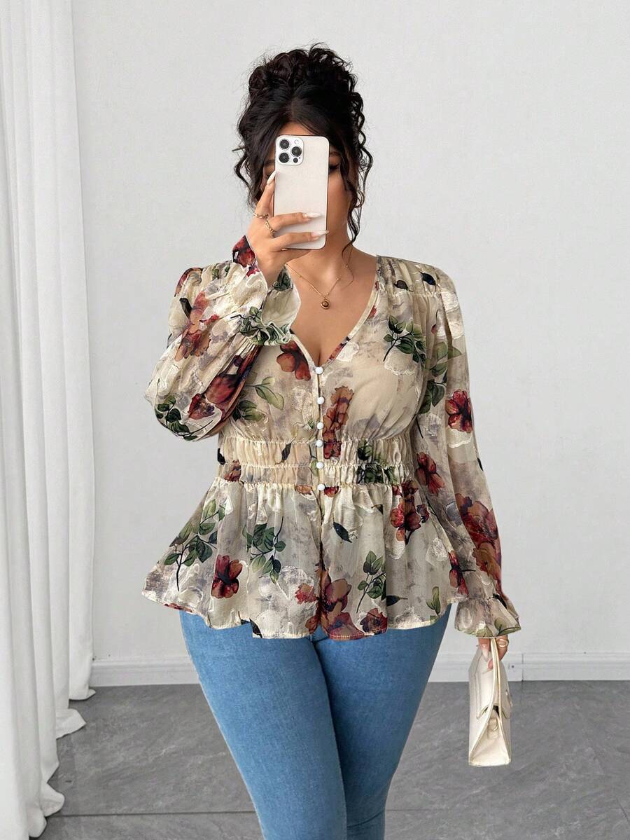 Elenzga Áo peplum cổ chữ V bằng vải chiffon jacquard thanh lịch dành cho nữ cỡ lớn, tay bèo nhún, thích hợp cho các buổi đi chơi, tụ tập và mặc thường ngày - Màu Khaki - Xem 1