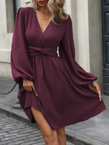 EMERY ROSE Women's Burgundy Elegant Dinner Date Mini Dress,Autumn Long Sleeve Shirred Twist Waist Ruched Back Stretchy A-Line Vintage French Office Workwear - Maroon - View 4