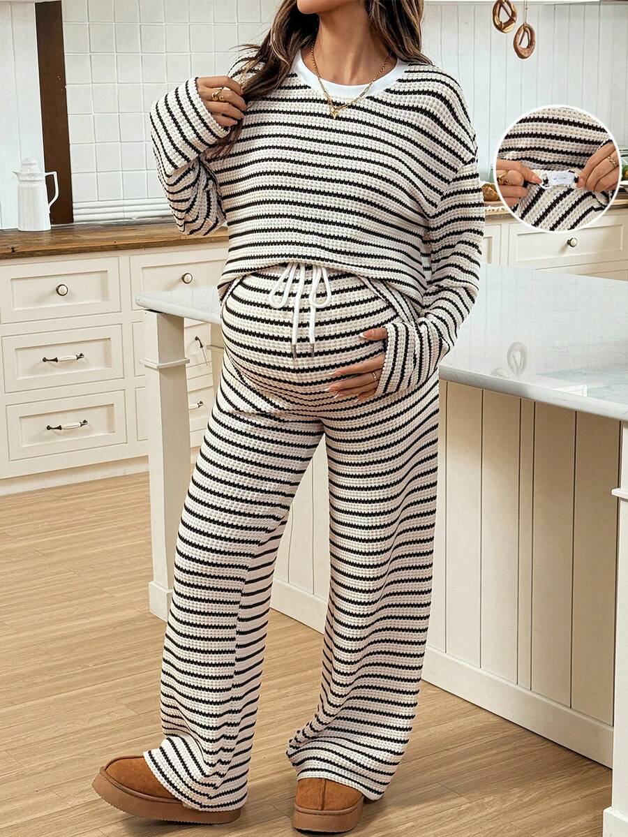 SHEIN Autumn And Winter 2pcs Maternity Loose Fit Drop Shoulder Striped Casual Sweatshirt Set - Apricot - View 1