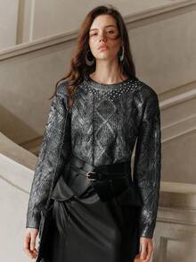 Anewsta Savoree Élégant pull tricoté à col rond orné de strass pour femmes, convient pour l'automne, l'hiver, le printemps, le Nouvel An, les fêtes, les mariages - Noir - Voir 7