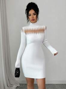 SHEIN Elenzya Damska sukienka midi z przezroczystej organzy na imprezę sylwestrową, biała, świąteczna, jesienno-zimowa, z golfem, prążkowana, elegancka, krótka sukienka sweterkowa
