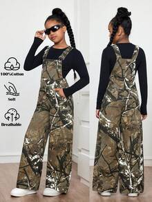 Peto vaquero de pierna ancha con bolsillo de camuflaje para niña preadolescente - Verde militar - Ver 7