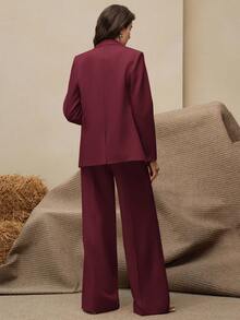 Anewsta 2 件套女士西装套装，复古风格西装外套 + 直筒裤，美拉德色 - 酒紅色 - 查看 2