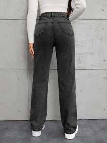 SHEIN Tall 高码100%纯棉斜口袋直筒牛仔裤 - 深灰色 - 查看 2