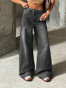 EURMUSE RueChic VINTAGE WASH HIGH WAIST WIDE LEG CUT ASYMMETRIC BELT DETAIL - Dark Grey - View 5