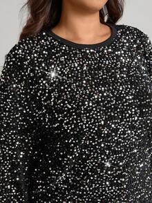 Comfylo Plus Size Sequin Decor Round Neck Long Sleeve T-Shirt, Party Sequin Winter New Year Sparkly Black Top