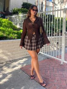 Nezia Cruz PLUS Size Lettuce Trim Asymmetrical Hem Sheer Top Without Bra Blouses-1891 - Coffee Brown - View 4