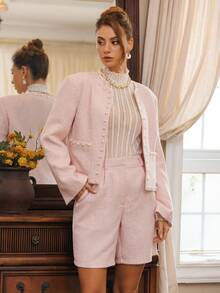 Glamine Charm Light Pink Summer Ellegant Pearl Decor Tweed High-End Jacket And Shorts Set For Women,Fashionable Tea Party Pink Suits Women Suit Set Blazer Suits - Baby Pink - View 4