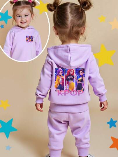 Conjunto de sudadera con capucha de manga larga con estampado de grupo de niñas, cómodo y versátil, adecuado para otoño/invierno/primavera. Ligero y cómodo, ideal para el otoño, atuendo casual de moda, adecuado para volver al colegio, reuniones, picnics al aire libre, fotografía callejera, campus, festivales, regalos