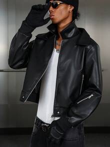 STYNVO 男士PU皮长袖夹克，街头风百搭复古美式休闲夹克，拉链设计情侣款，秋冬款，朋克风 - 黑色 - 查看 7