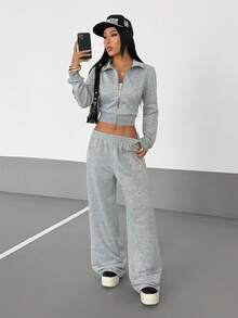 StreetHx Bộ 2 áo hoodie và quần nỉ có khóa kéo phong cách đường phố Mỹ, miếng vá thêu, thu/đông - Xám - Xem 6