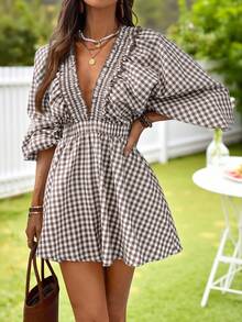 KARISMINA Women's Woven Plaid V-Neck Puff Sleeve Jumpsuit,Gingham Romper,Vacation Outfits For Women,Country Concert Outfit,Women Summer Clothes - Khaki - View 4