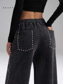 LYSMO 女式休闲宽松运动裤，饰有水钻 - 黑色 - 查看 9