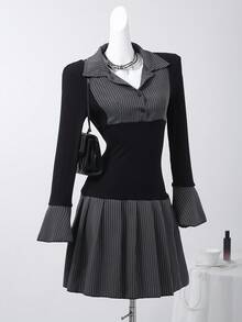 SHEIN Sweetra Young Teenager Mädchen Pendler Schwarz Strick Patchwork gestreiftes Volant Saum Langarm Kleid, vielseitig für Frühling & Herbst - Schwarz - Übersicht 1