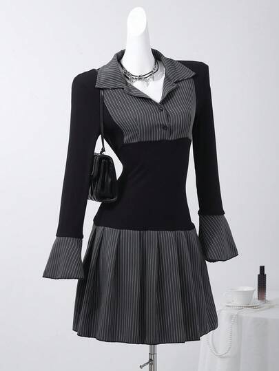 SHEIN Sweetra Young Teen Girl Commuting Black Knit Patchwork Striped Ruffle Hem Long Sleeve Dress, Versatile For Spring & Autumn