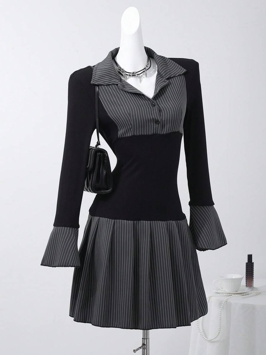 SHEIN Sweetra Young Teenager Mädchen Pendler Schwarz Strick Patchwork gestreiftes Volant Saum Langarm Kleid, vielseitig für Frühling & Herbst - Schwarz - Übersicht 1