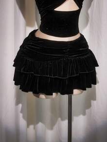 SHEIN ICON Plus Size High Waist Ruffle Hem Velvet Skirt - Black - View 6