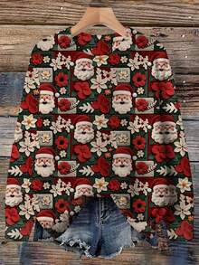 EMERY ROSE Plus Size Women Casual Christmas All-Over Print Dropped Shoulder Loose Pullover Sweater/Winter - Multicolor - View 1