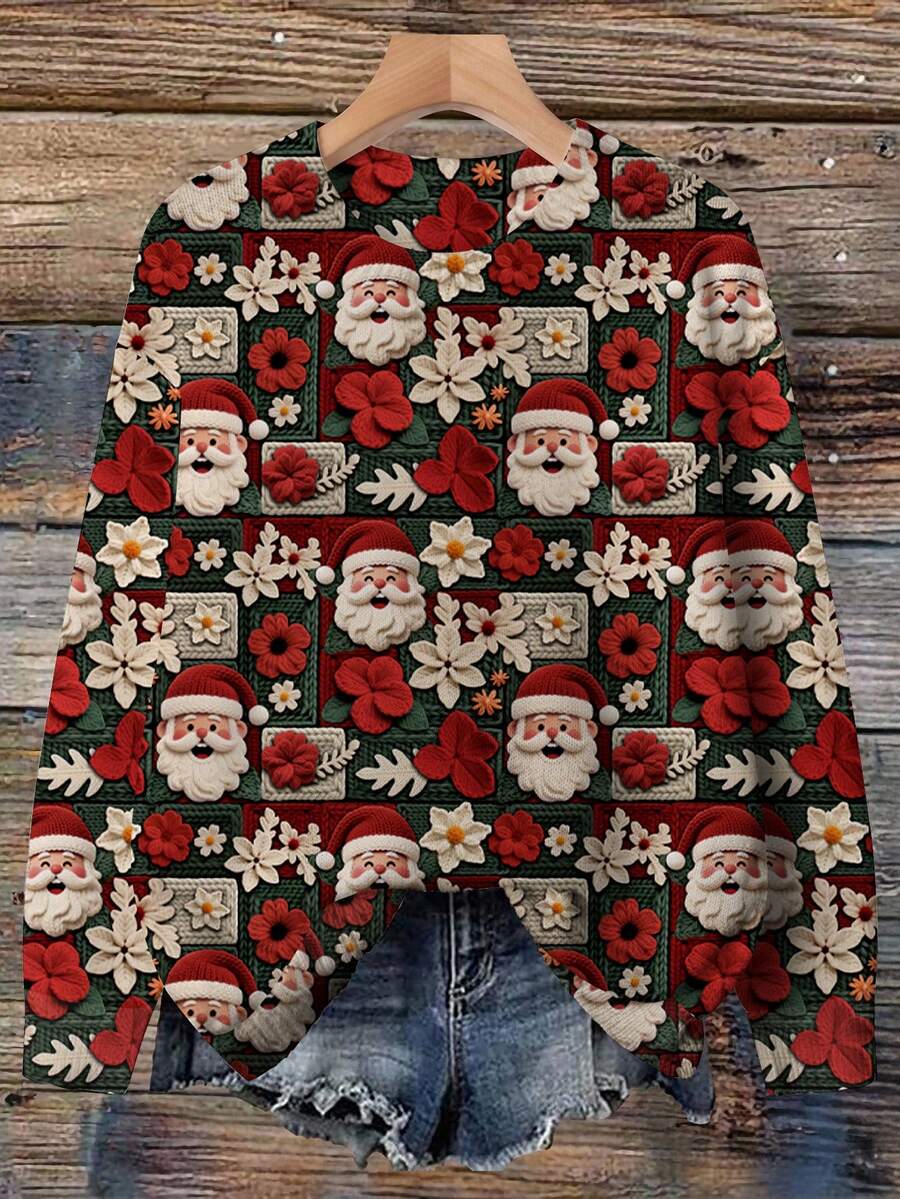 EMERY ROSE Plus Size Women Casual Christmas All-Over Print Dropped Shoulder Loose Pullover Sweater/Winter - Multicolor - View 1