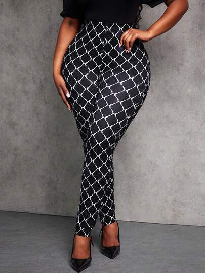 SHEIN SXY 大码女式秋冬新款格纹印花高腰黑色紧身裤