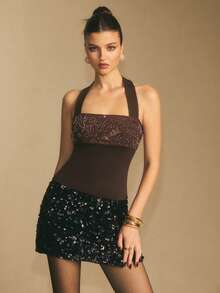 Poéselle Women's Summer Elegant Dark Brown Halter Neck Top,Patchwork Sequin & Beaded Decor Backless Tie Front Camisole,Date Night Clubwear Corset Top - Coffee Brown - View 7