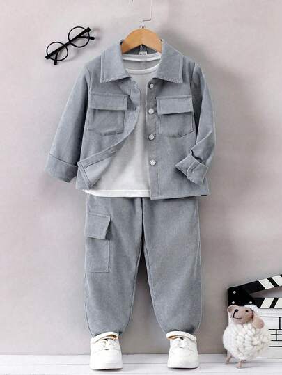 Sparklyn 2pcs Young Boy Solid Color Long Sleeve Utility Pocket Shirt And Pants Casual Set, Autumn