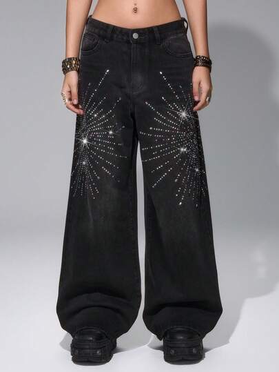 Grunge Punk Jeans ampi con applicazioni di strass per donne