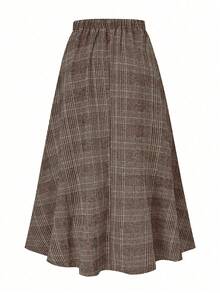 SHEIN PETITE CURVE Saia A-Line Casual Xadrez Plus Size para Mulheres, Adequada para Outono/Inverno, Bainha Evasê, Favorecedora, Xadrez Clássico, Versátil na Moda - Café - Visão 2
