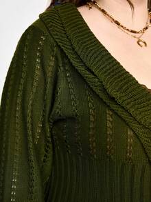 ROMWE Fairycore Plus Size Vintage Green Olive Green Double-Layer Ruffle Flare Sleeve Knit Cardigan, Autumn/Winter Plus Size Women Sweater Cardigan Jacket - Olive Green - View 7